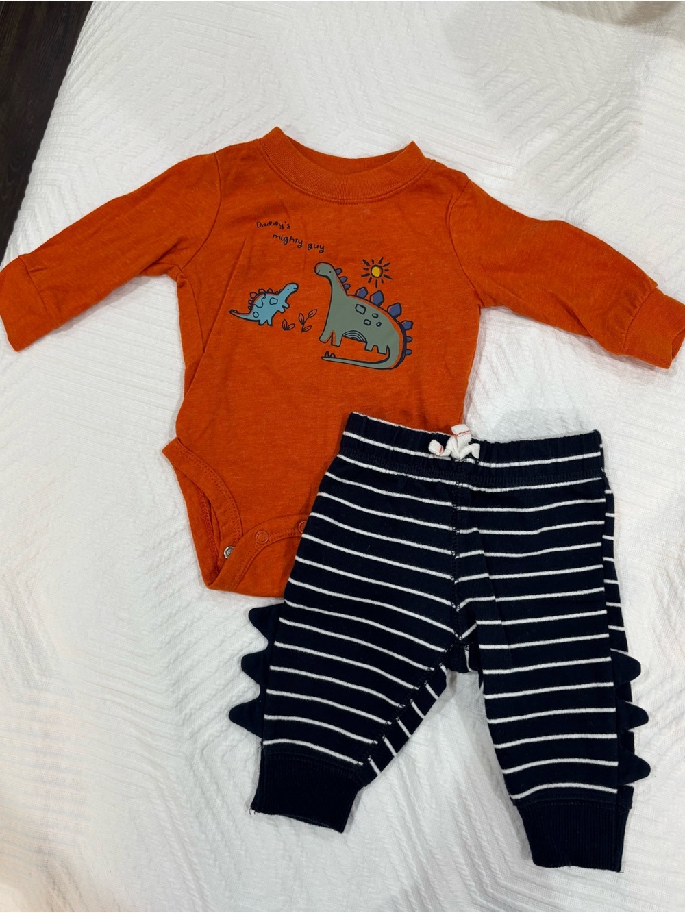 Carter's Orange Long-Sleeve Dino Bodysuit with Navy Stripe Dino-Detail Pants